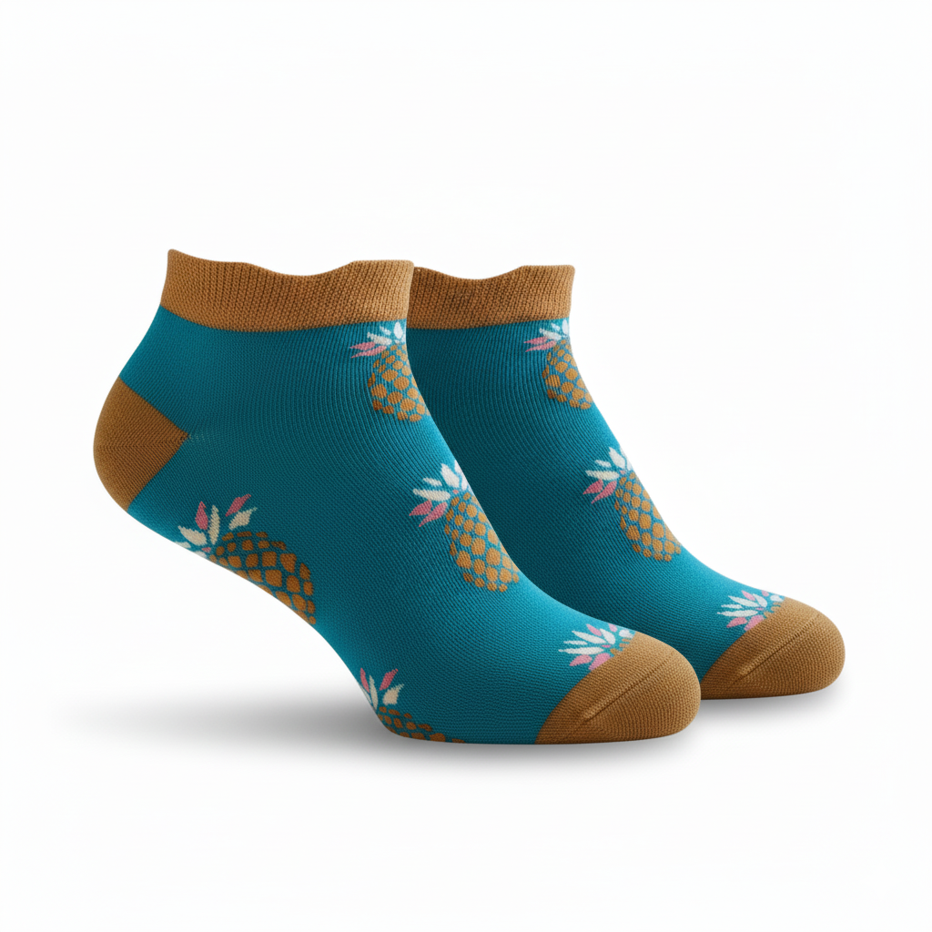 Teal socks with brown accents and pineapple pattern on a white background