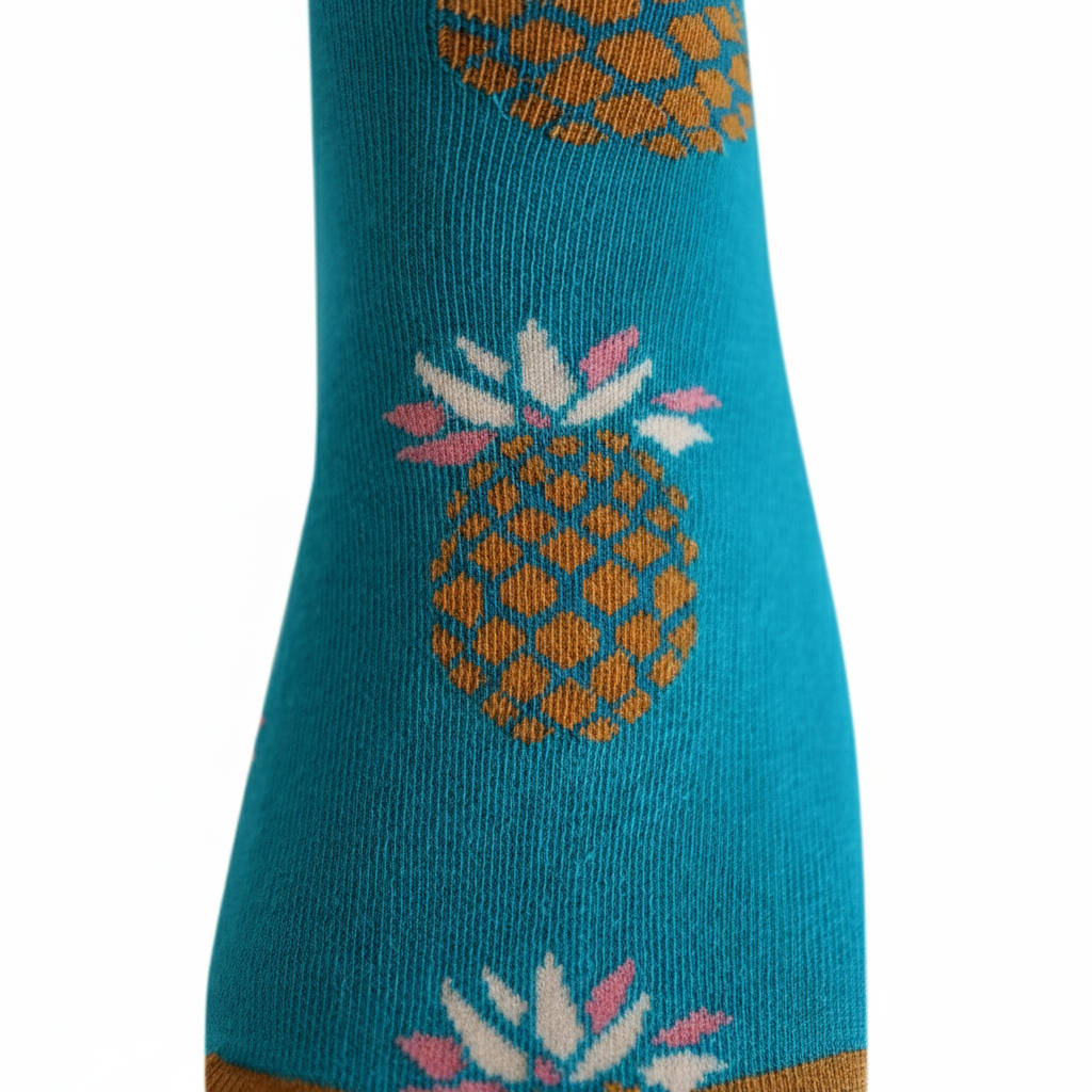 Teal sock with pineapple design on a white background