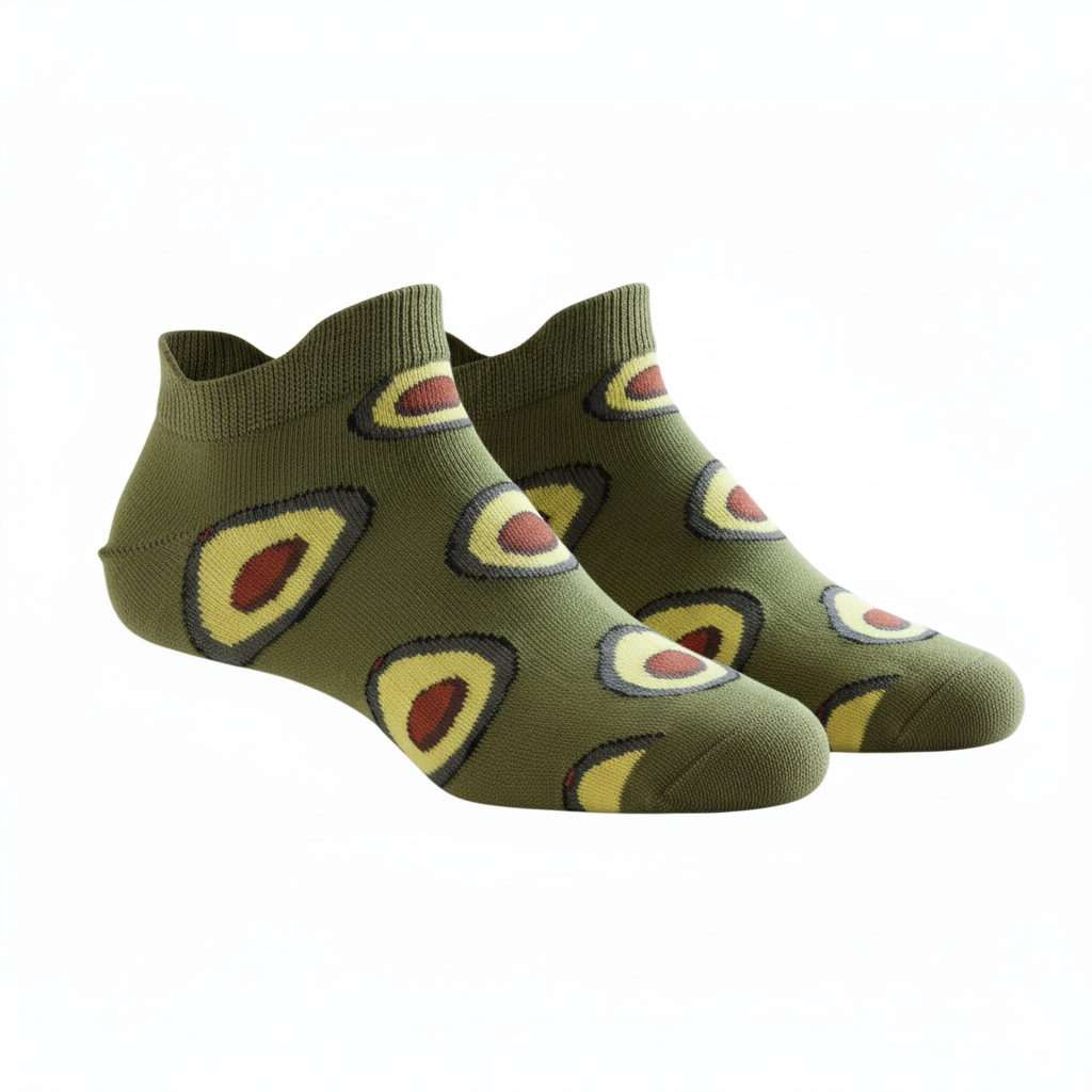 Green socks with avocado pattern on a white background