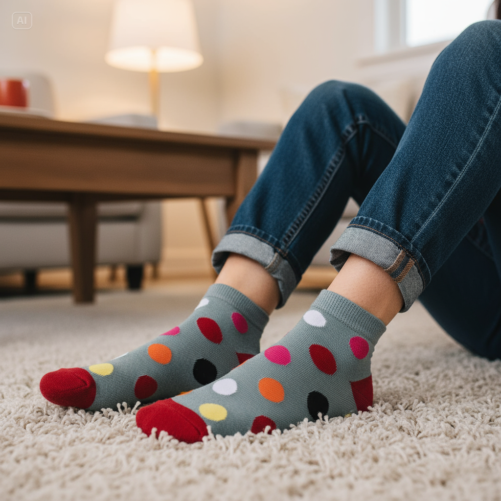 Person wearing colorful polka dot socks in a living room setting