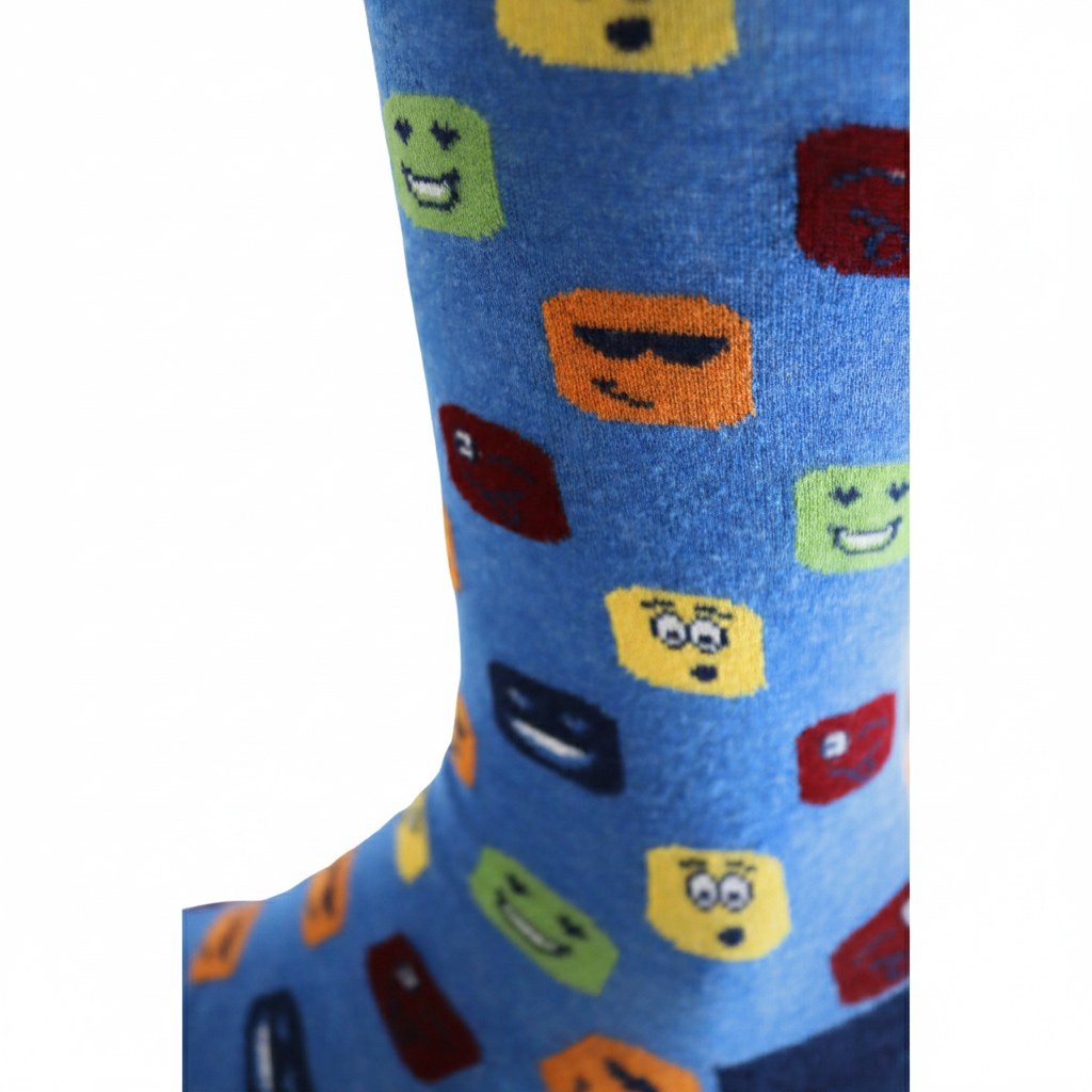 Blue sock with colorful emoji patterns on a white background