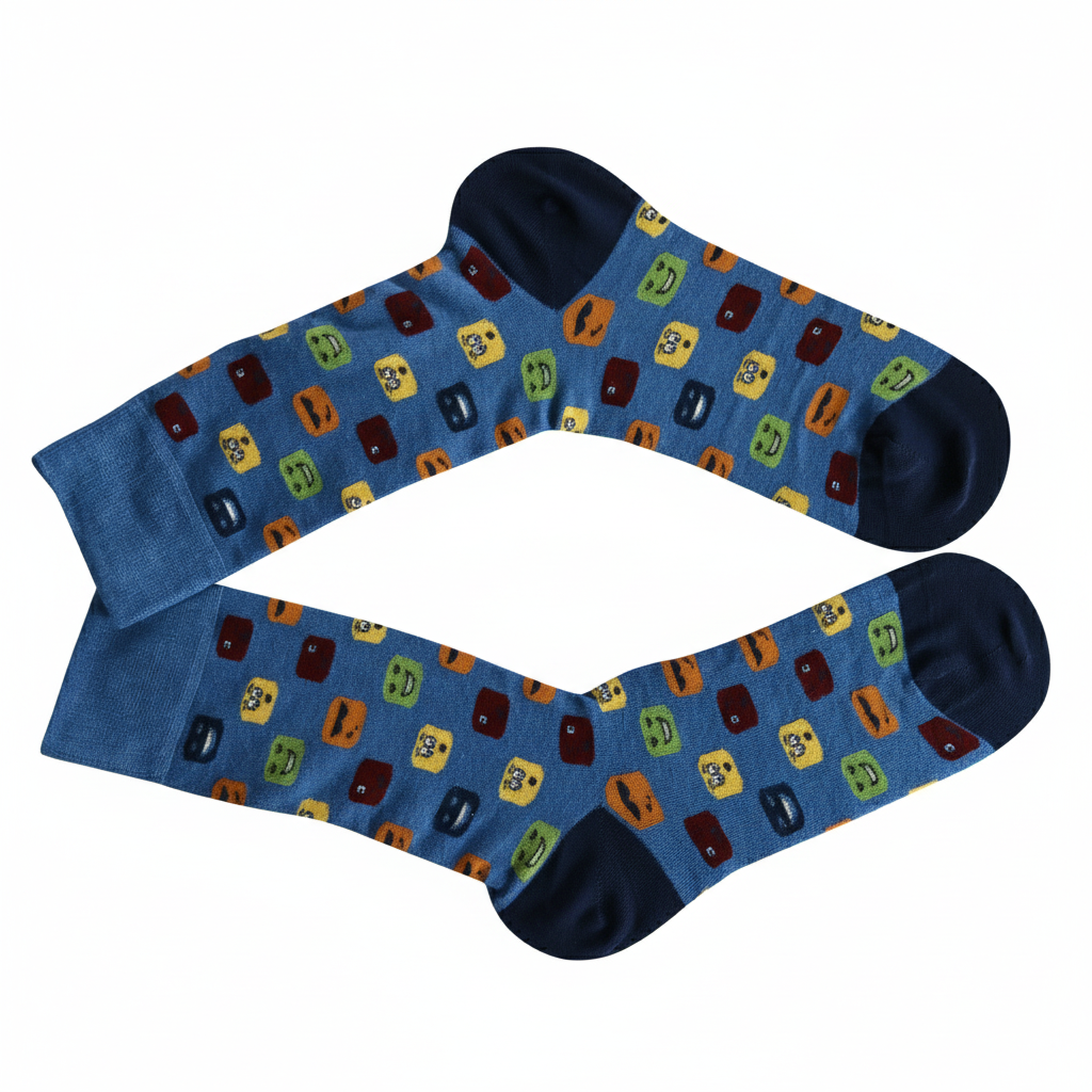 Blue sock with colorful emoji patterns on a white background