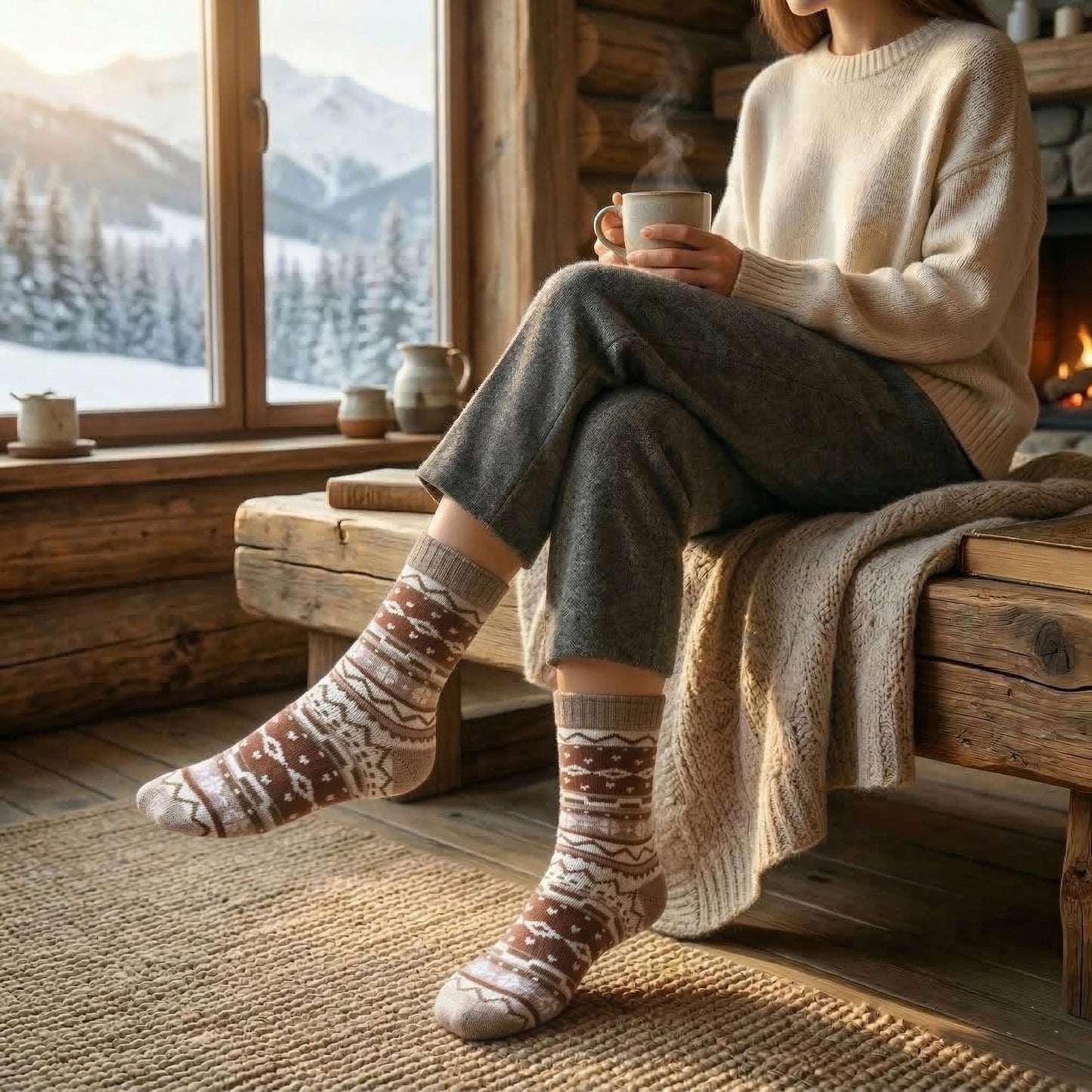Louluu women's Nordic wool crew socks — pattern and cuff detail close-up