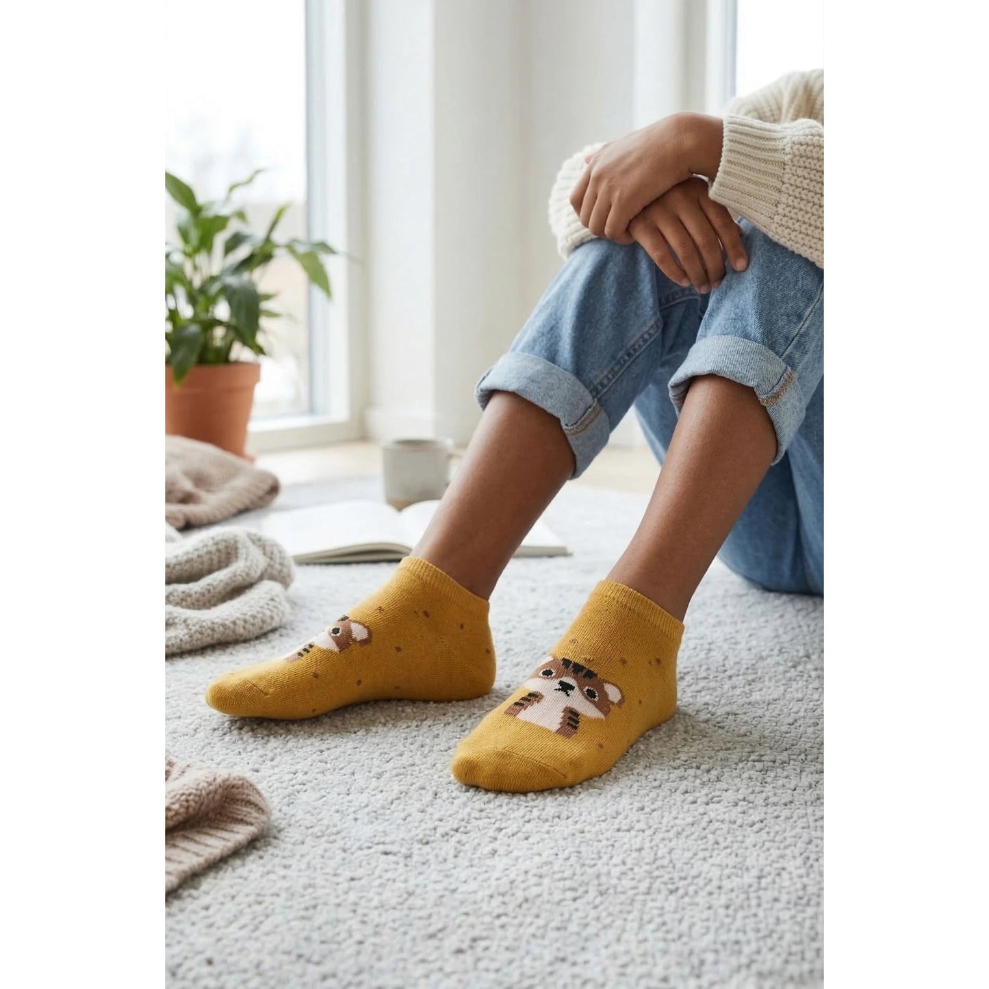 Louluu women's cotton Yellow Cat low cut socks | Louluu