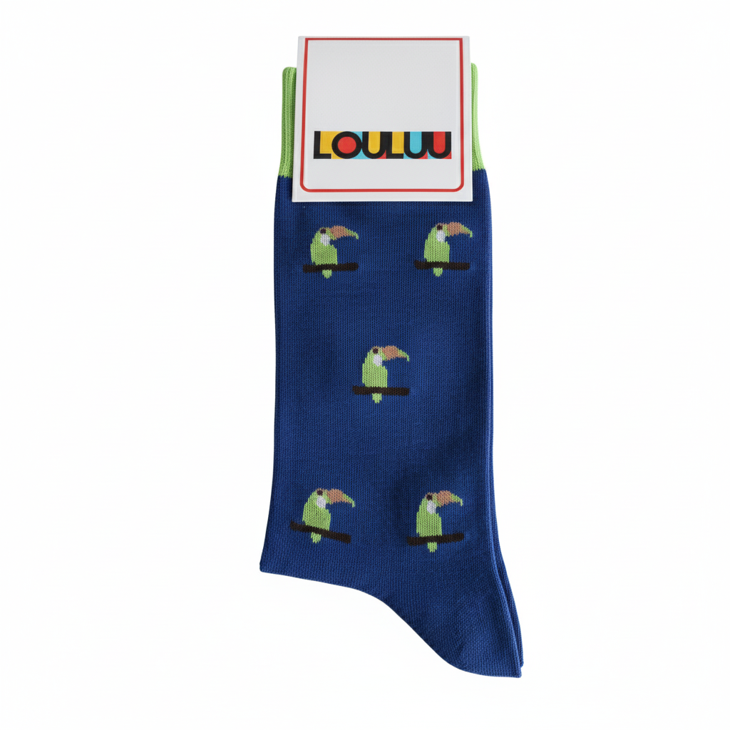 Louluu men's cotton Blue Parrot crew socks — lifestyle on feet