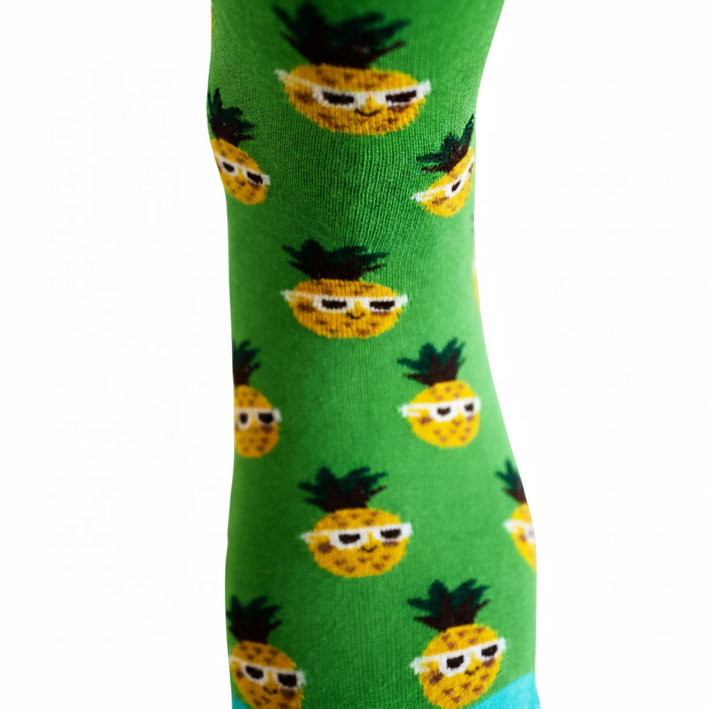Green sock with pineapple pattern on a white background
