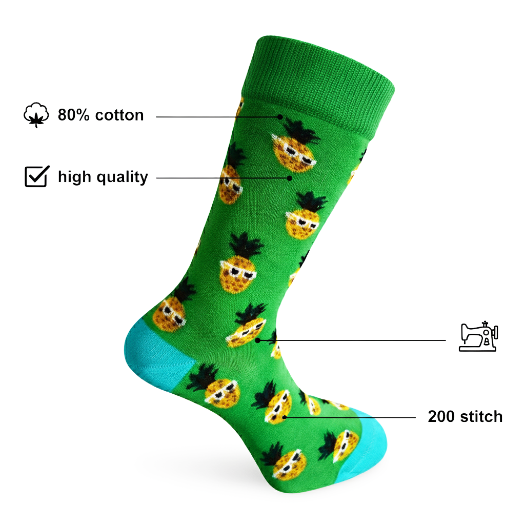 Green sock with pineapple pattern and quality features labeled on a white background