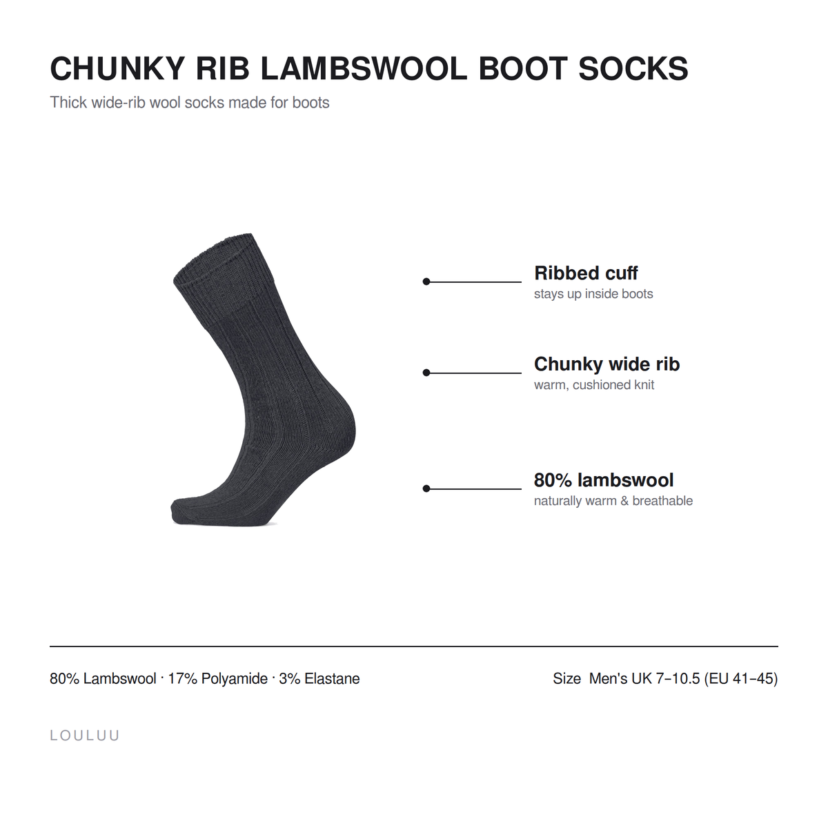 Chunky Rib lambswool boot socks infographic — ribbed cuff, chunky wide rib, 80% lambswool, men's UK 7–10.5