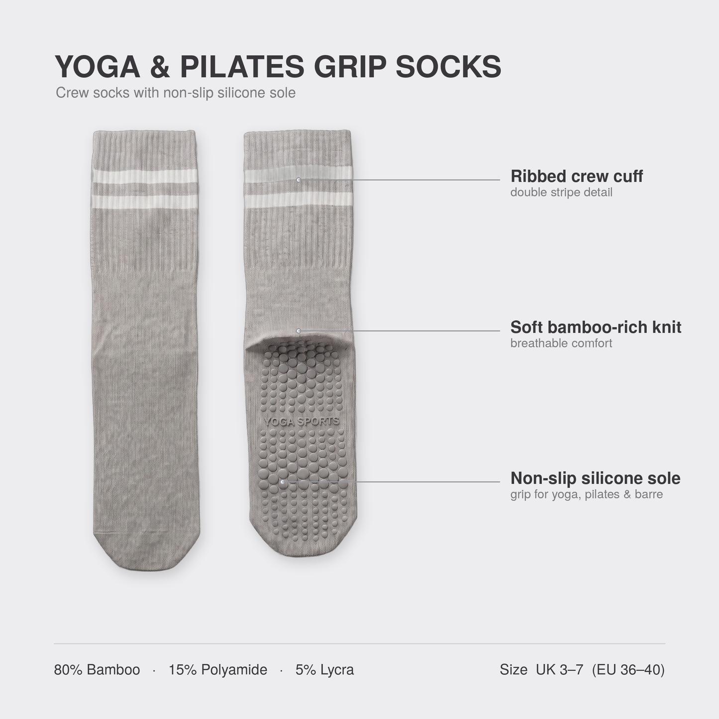 Yoga & Pilates crew grip socks infographic — ribbed crew cuff, bamboo-rich knit, non-slip silicone sole, UK 3-7 EU 36-40