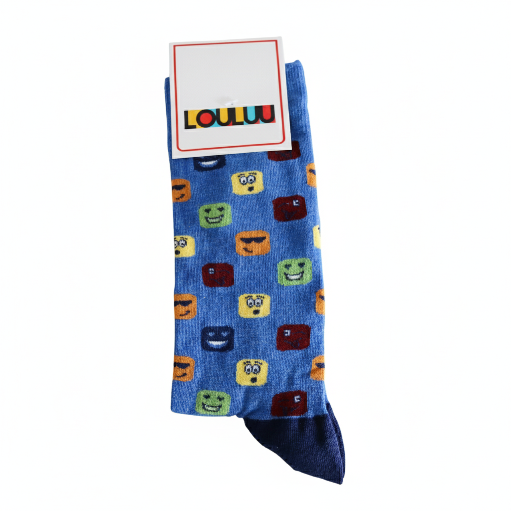 Blue sock with colorful emoji patterns on a white background