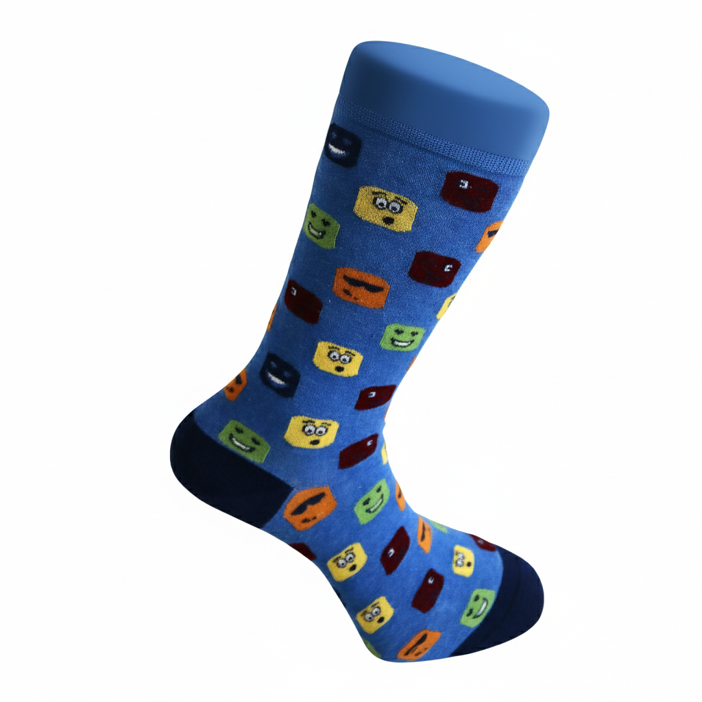Blue sock with colorful emoji patterns on a white background