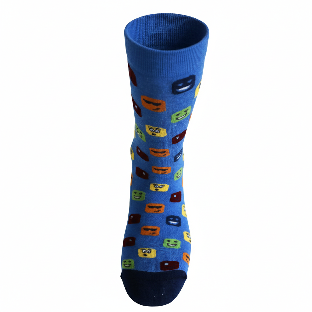 Blue sock with colorful emoji patterns on a white background