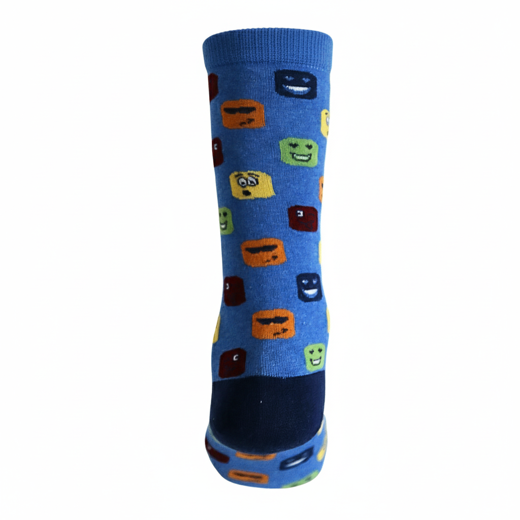 Blue sock with colorful emoji patterns on a white background