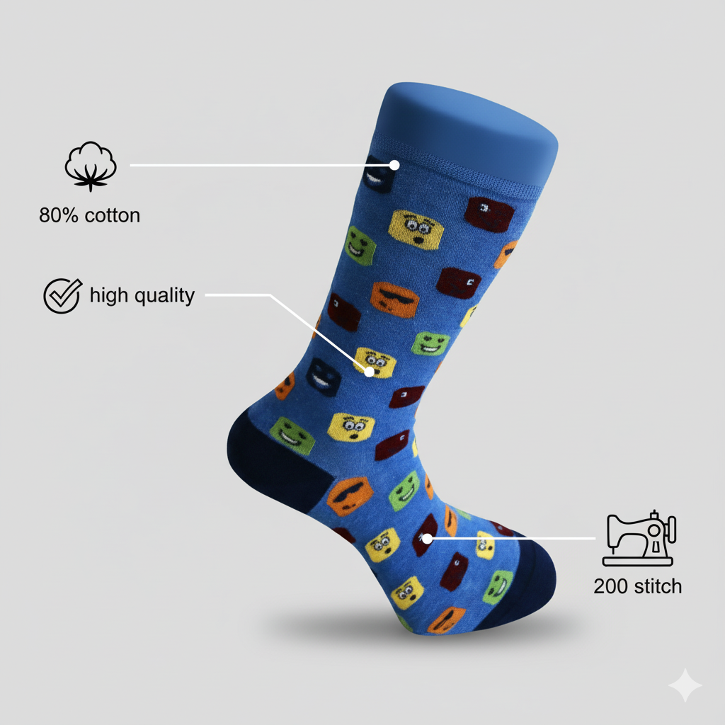 Blue sock with colorful patterns on a gray background, featuring text about material and quality.