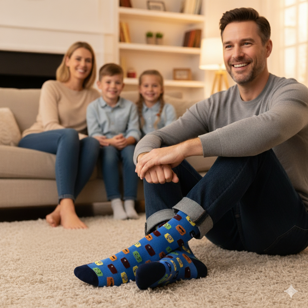 Blue sock with colorful emoji patterns on a white background