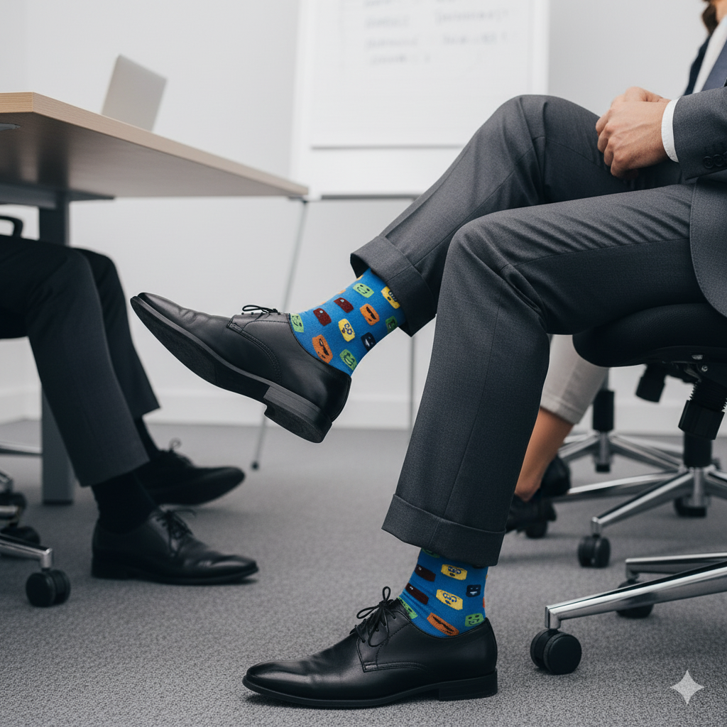 Blue sock with colorful emoji patterns on a white background