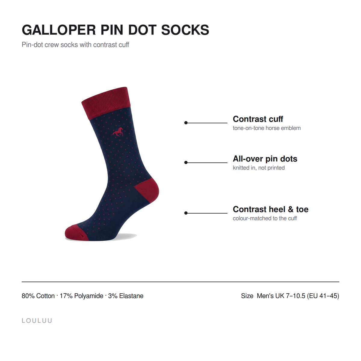Galloper Pin Dot socks infographic — contrast cuff, tone-on-tone horse emblem, all-over pin dots, 80% cotton, men's UK 7–10.5