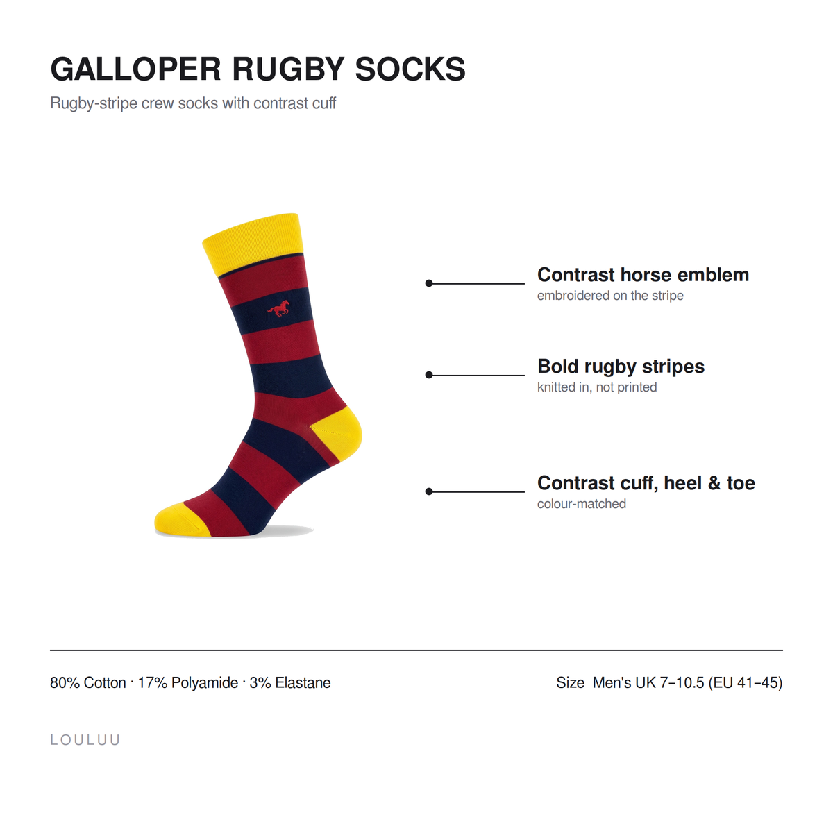 Galloper Rugby socks infographic — contrast horse emblem, bold rugby stripes, contrast cuff heel and toe, 80% cotton, men's UK 7–10.5