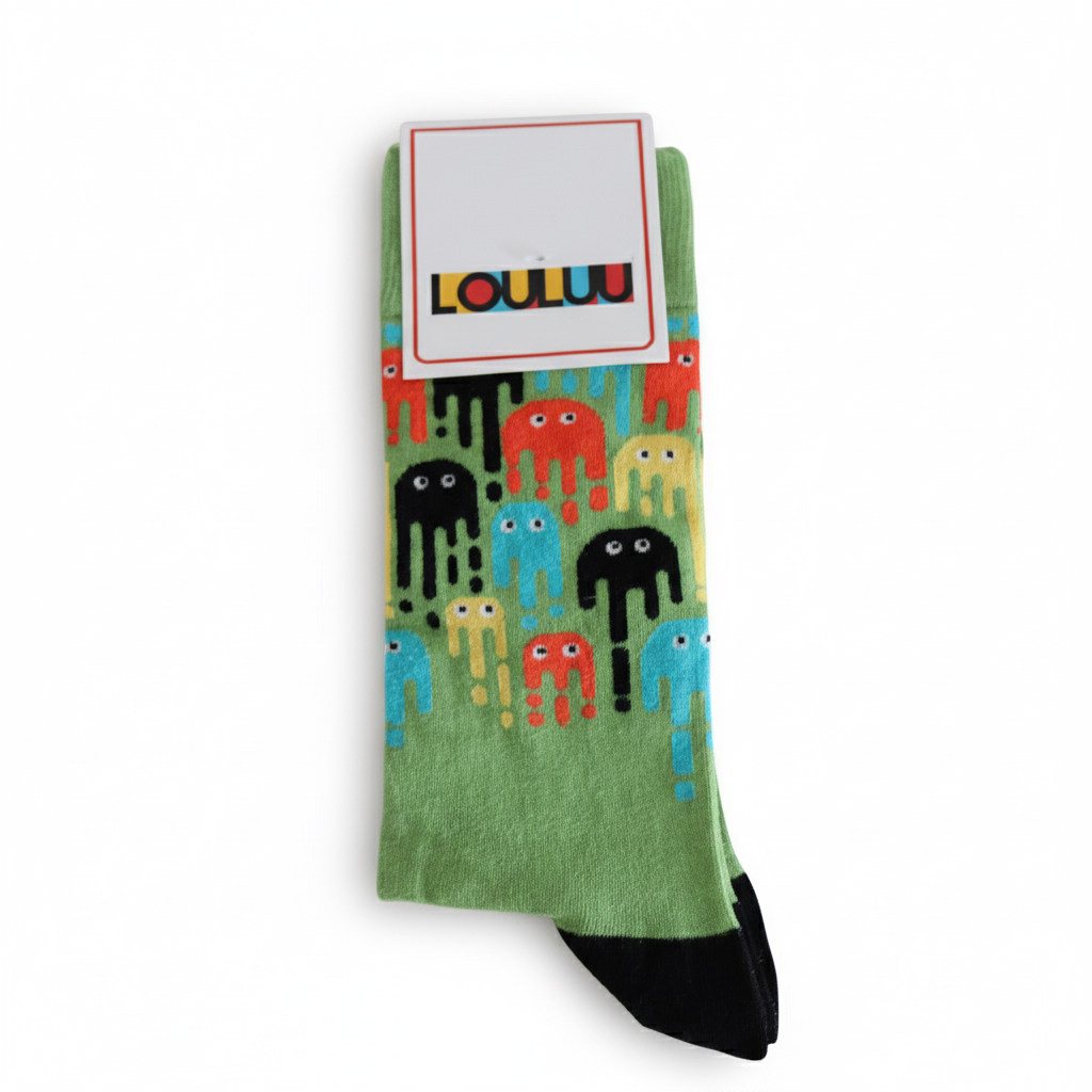 Colorful sock with cartoon characters on a green background, featuring the brand 'LOULU'.