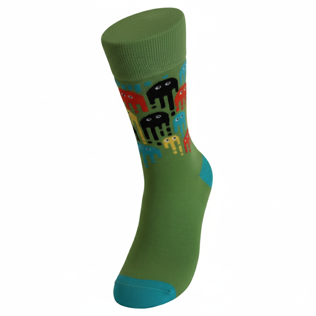 Green sock with colorful elephant pattern on a white background