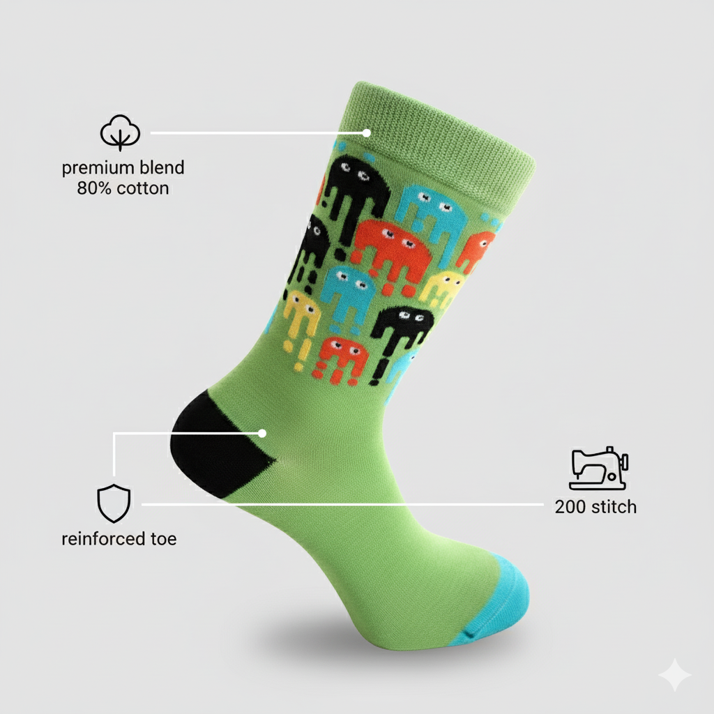 Green sock with colorful alien design on a light gray background