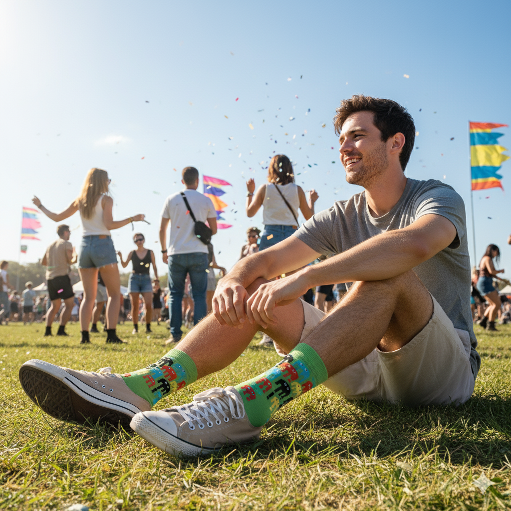 Man sitting on grass at a festival with colorful socks and friends in the background