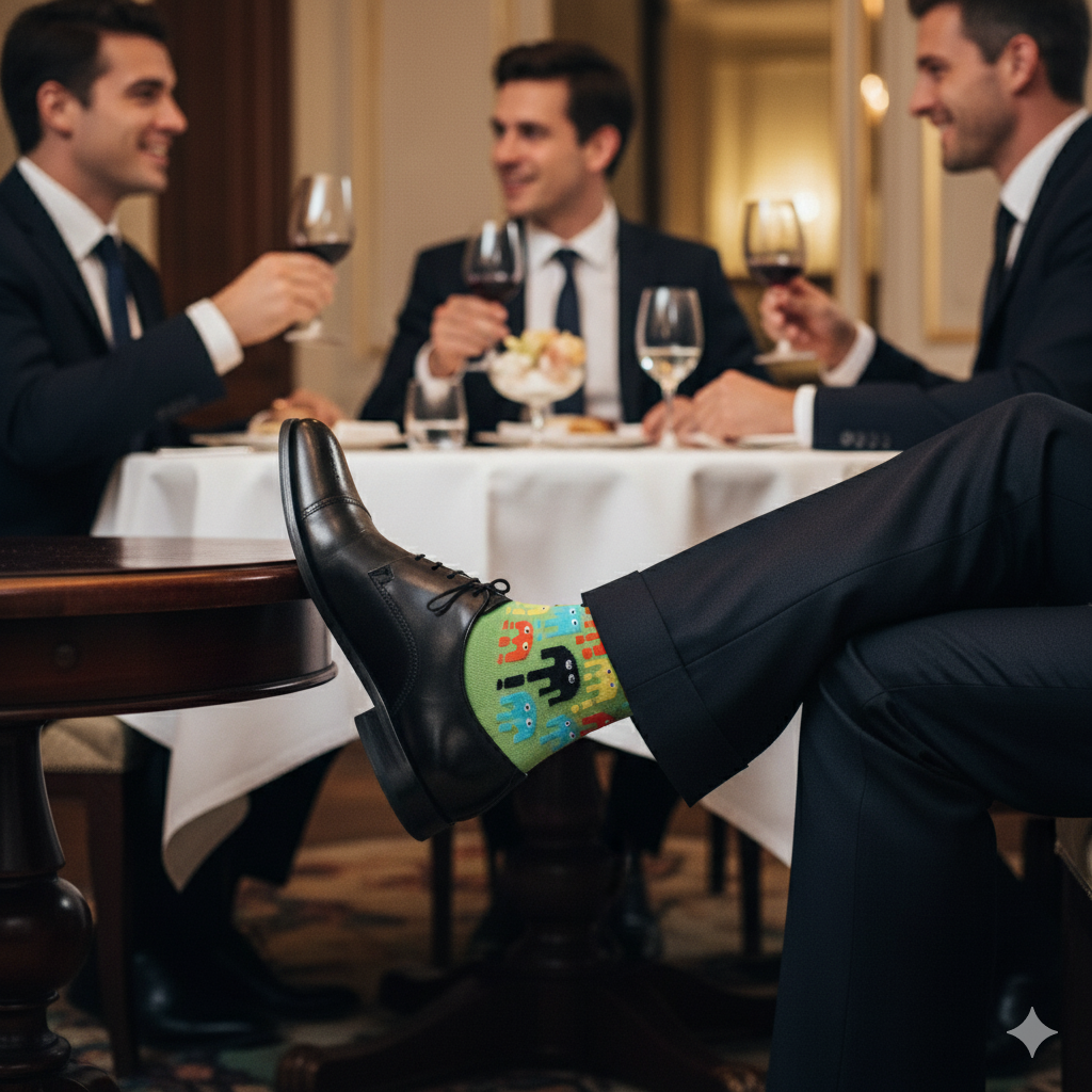 Three men in suits sitting at a table with one wearing colorful socks.