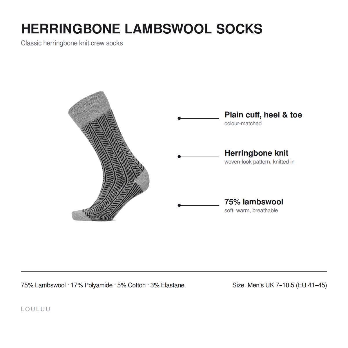 Herringbone lambswool socks infographic — plain cuff heel and toe, herringbone knit, 75% lambswool, men's UK 7–10.5
