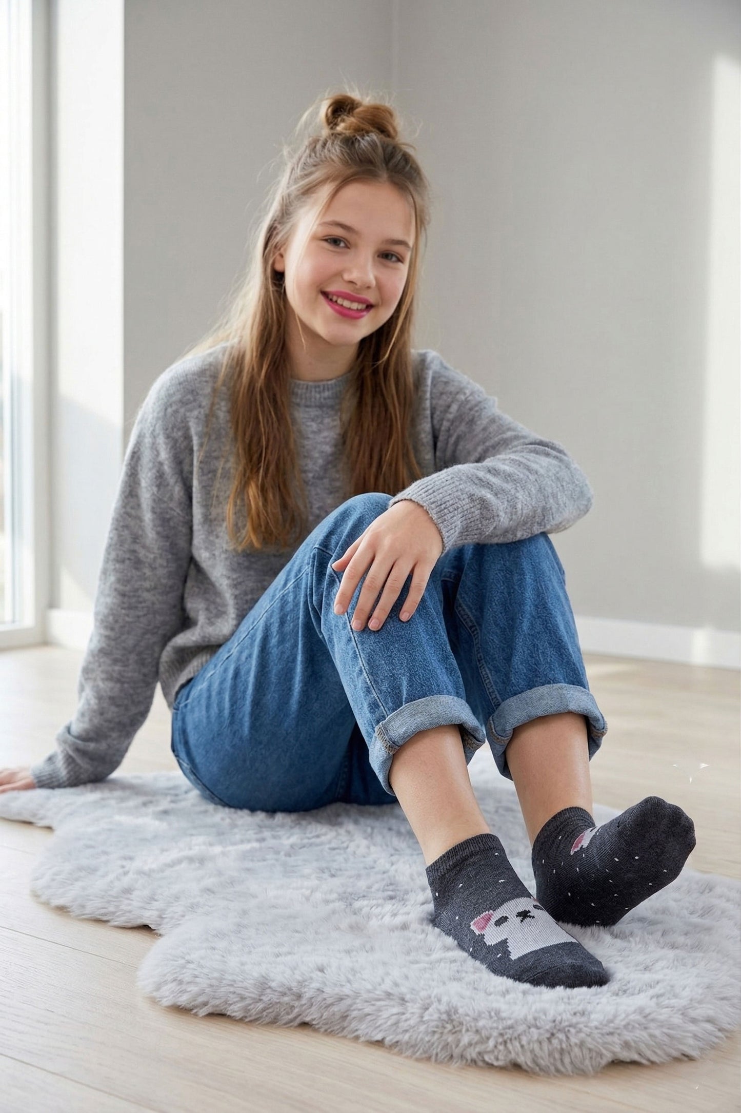 Louluu women's cotton Grey Cat low cut socks — front view | Louluu