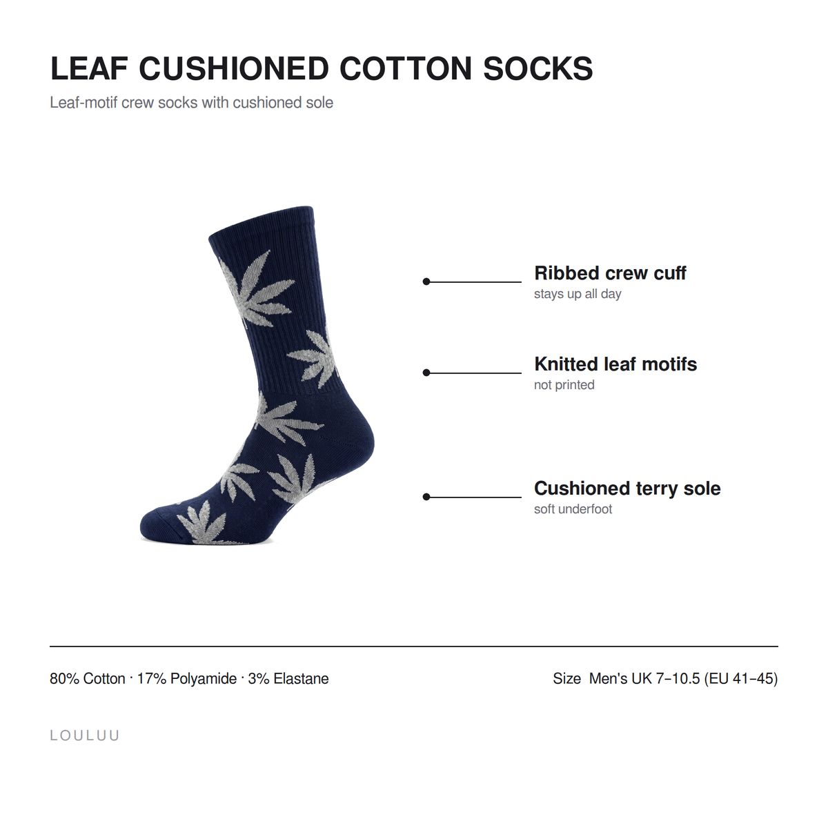 Leaf cushioned cotton socks infographic — ribbed crew cuff, knitted leaf motifs, cushioned terry sole, 80% cotton, men's UK 7–10.5
