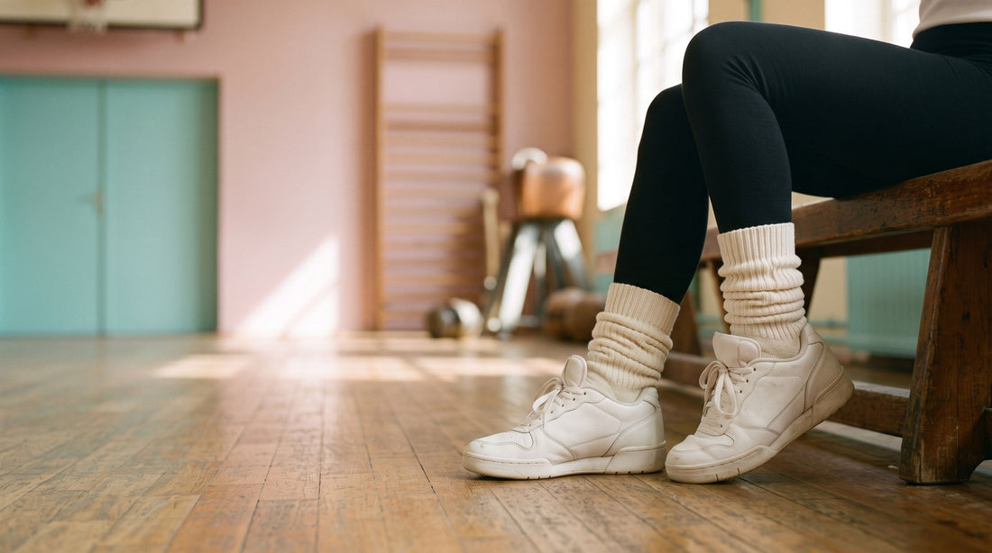 Cream slouch socks scrunched over black leggings with chunky white trainers in a retro gym — 80s style