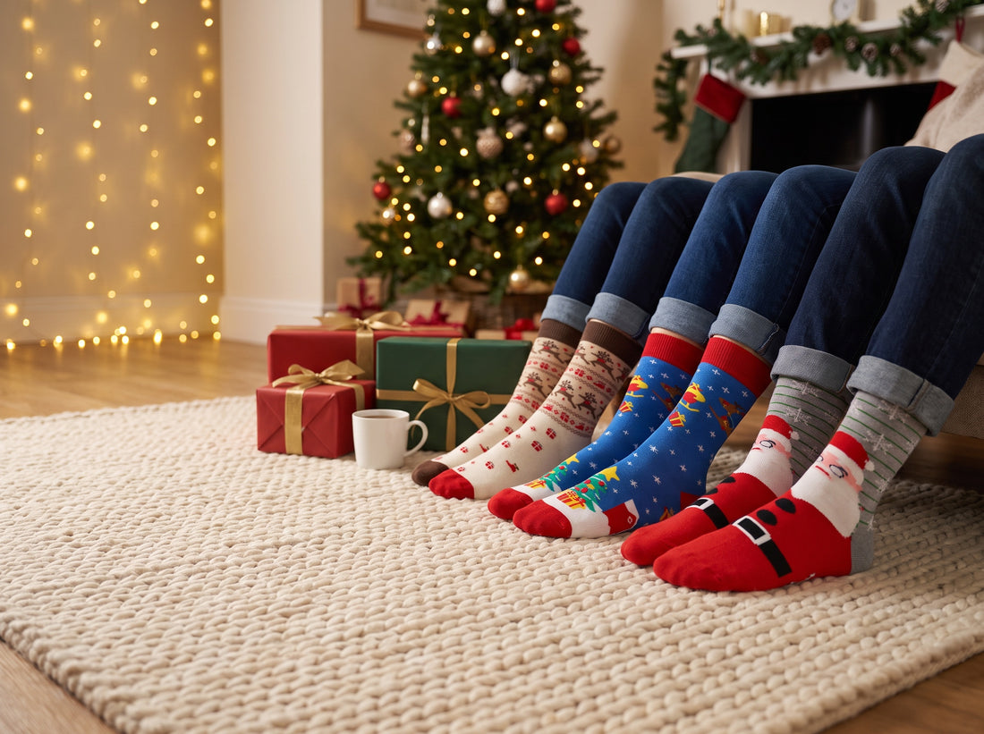 Three pairs of feet in Louluu Colourful Christmas Socks in cream, blue and red, resting on a cream knit rug beside wrapped presents and a mug of tea in front of a Christmas tree