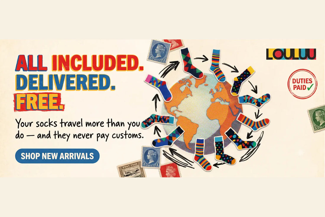 Louluu colourful socks travelling around the globe — free worldwide shipping, duties and fees included