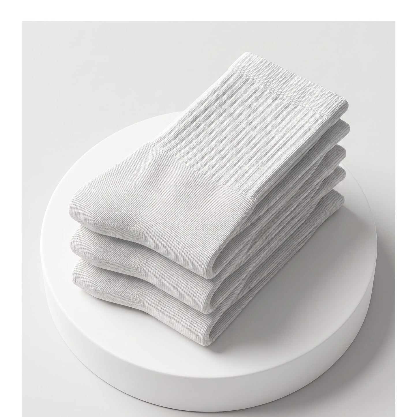 Three folded white cotton crew socks — triple pack