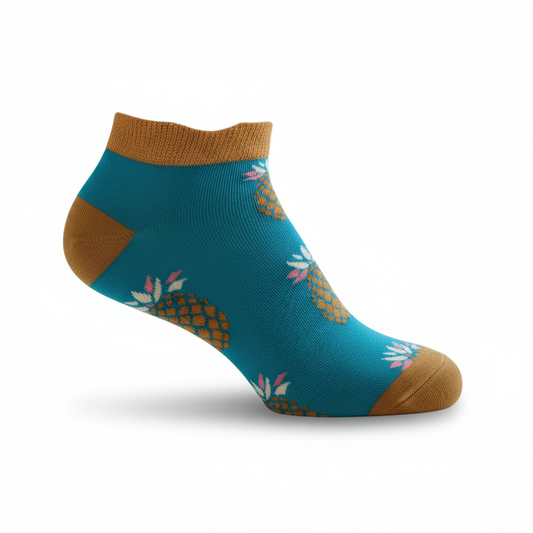 Teal sock with brown accents and pineapple pattern on a white background