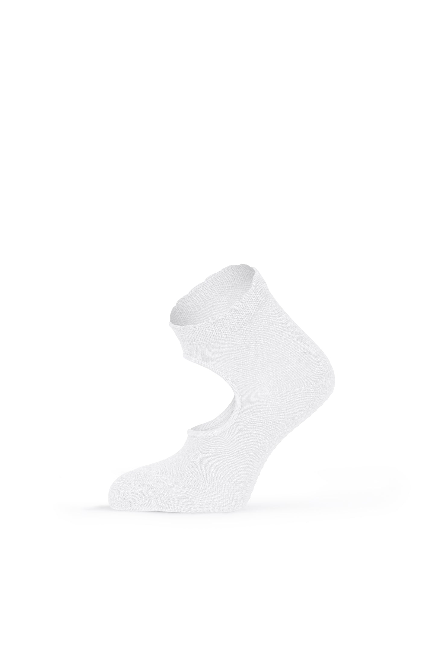White pilates grip sock with scalloped cuff — side view