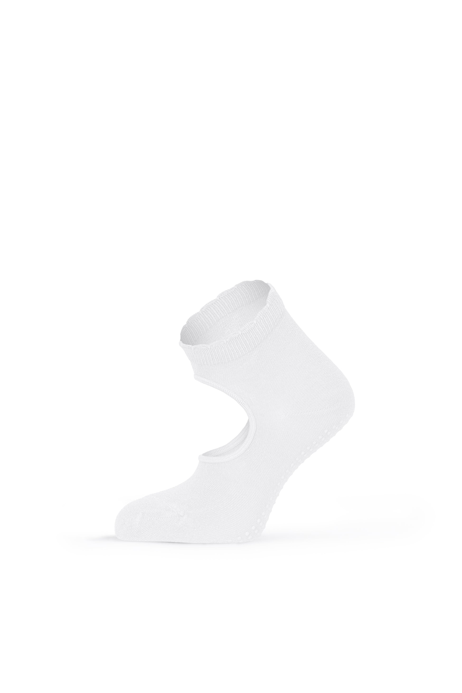 White pilates grip sock with scalloped cuff — side view