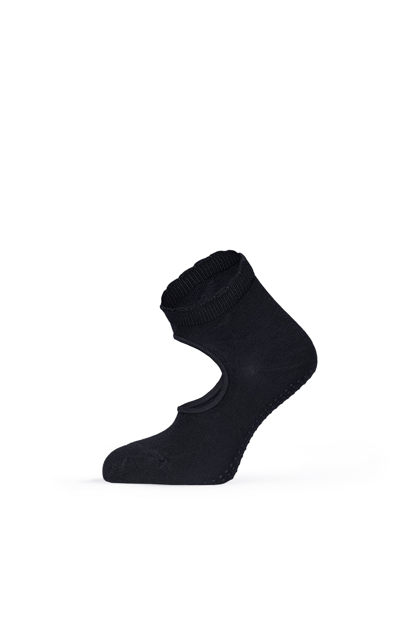 Black pilates grip sock with scalloped cuff — side view