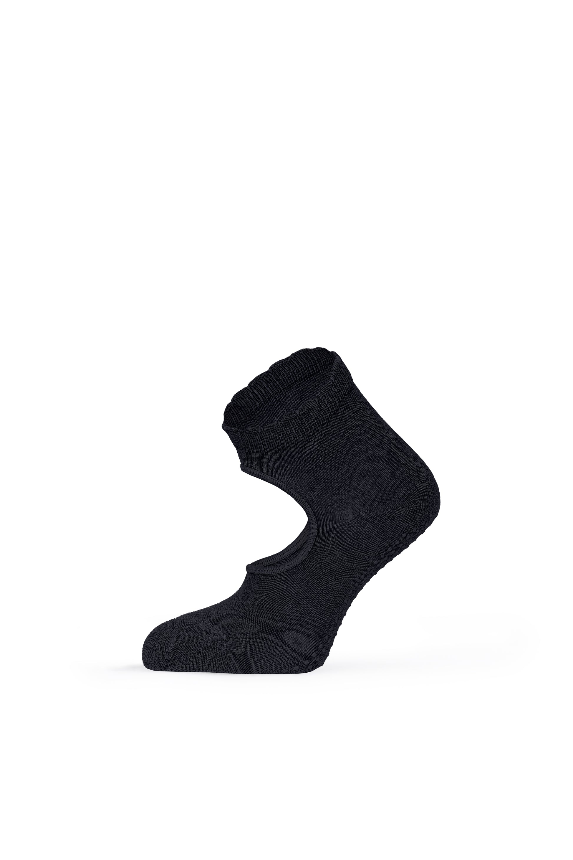 Black pilates grip sock with scalloped cuff — side view