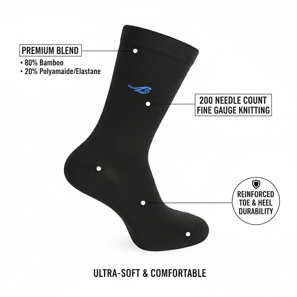 Louluu men's bamboo Plain Black socks close-up of toe and heel detail — soft & durable fabric