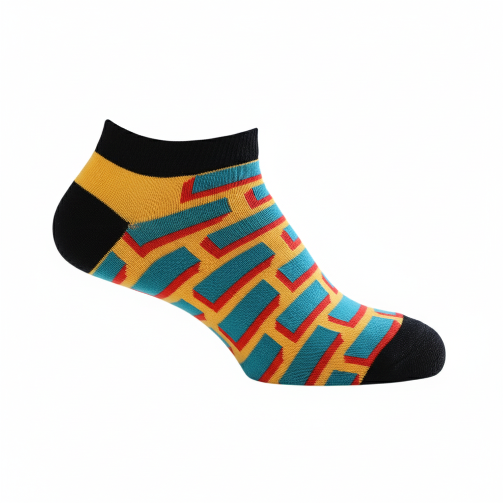 Colorful sock with geometric pattern on a white background