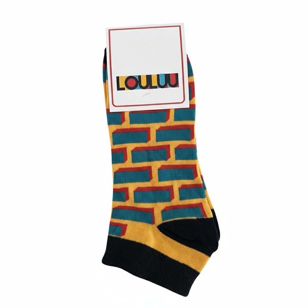 Colorful patterned sock with 'LOULU' branding on a white background