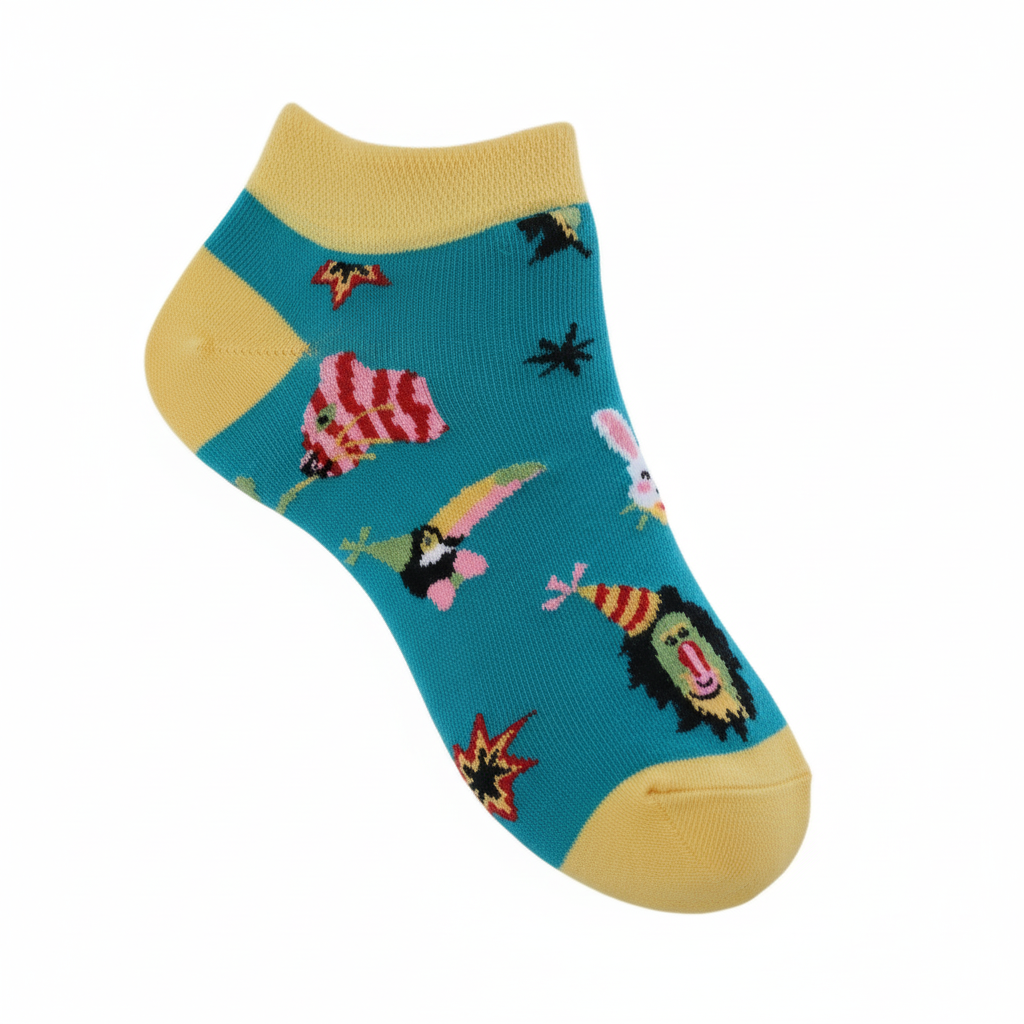 Colorful sock with cartoon character design on a white background