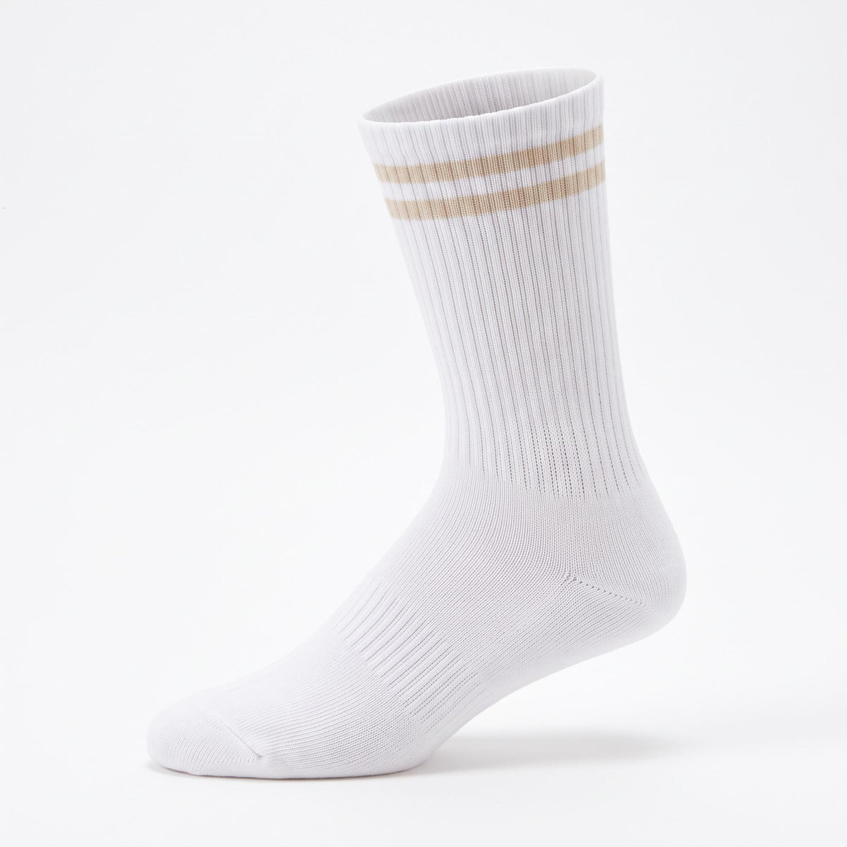Louluu Women's cushioned tennis sock in white with two beige stripes, side view on a white background