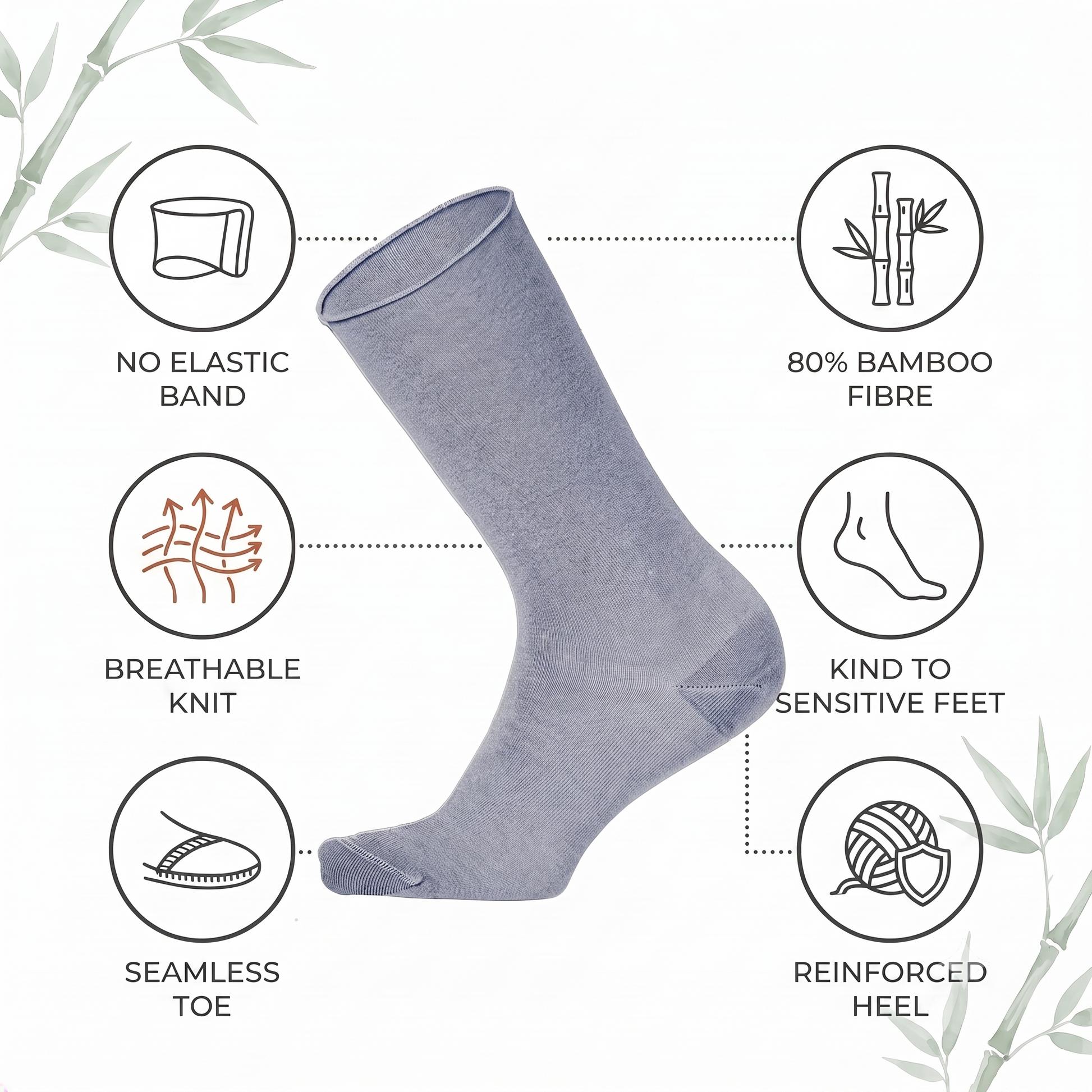 Louluu bamboo no-mark crew sock features — no elastic band at the cuff, 80% bamboo fibre, breathable knit, seamless toe, reinforced heel