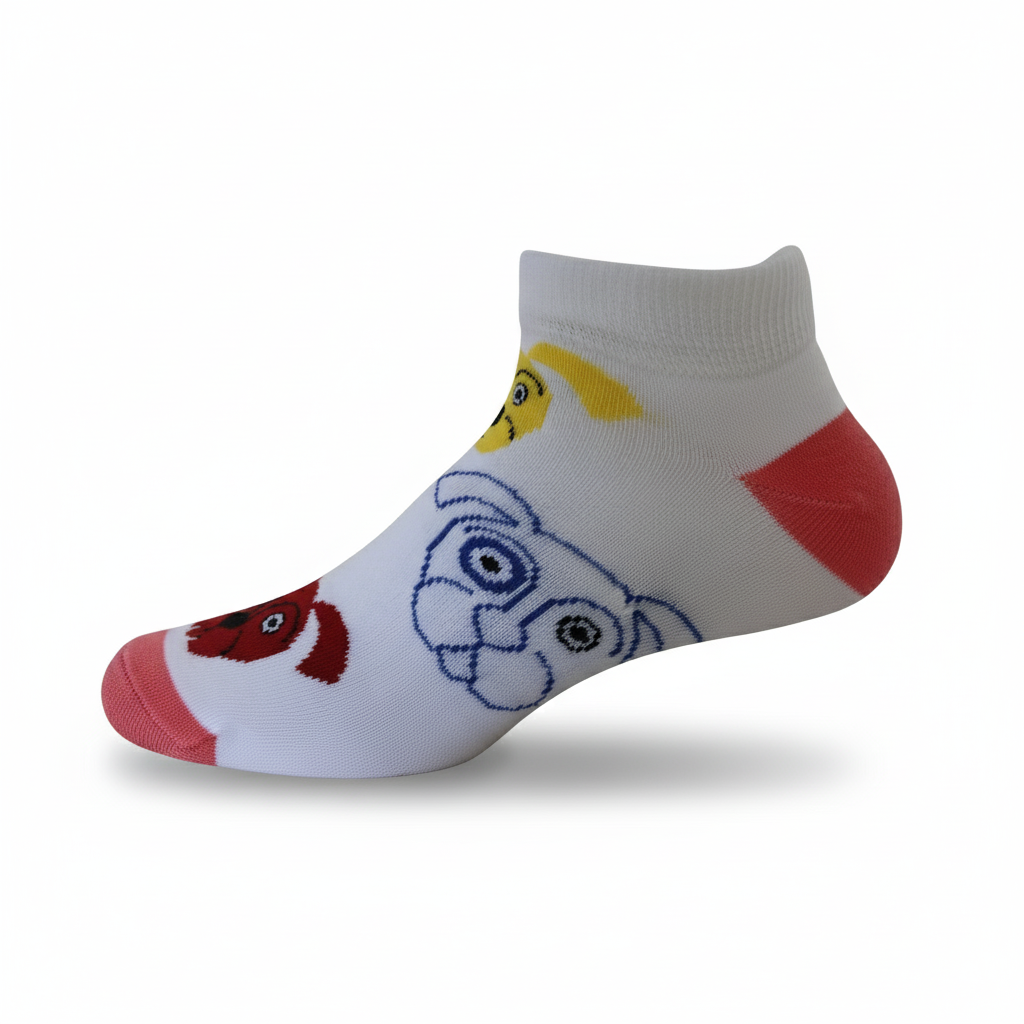 White ankle sock with cartoon character design on a white background