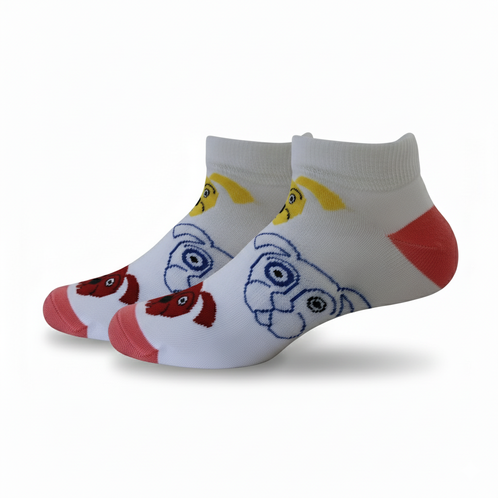 Pair of socks with cartoon character design on a white background