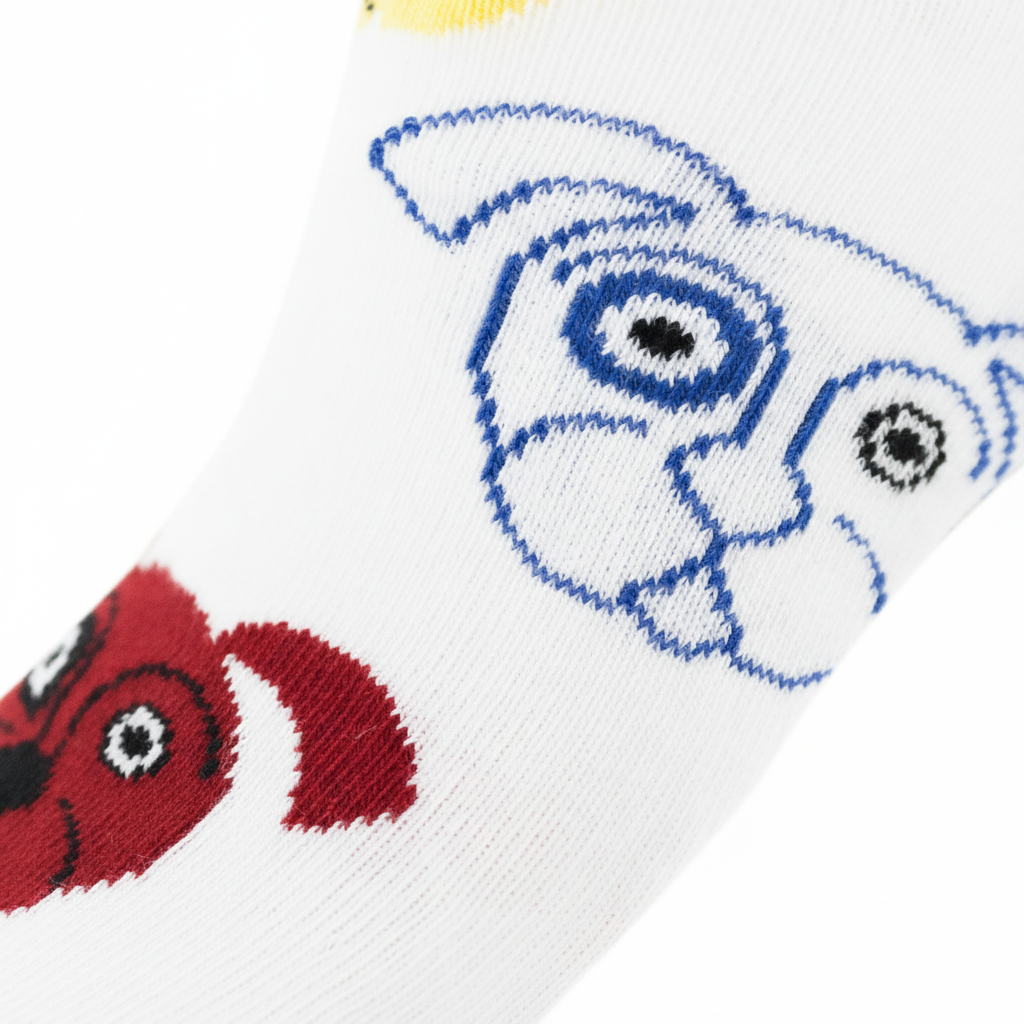 Close-up of a sock with a cartoon dog design on a white background