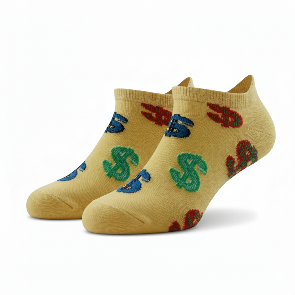 Pair of yellow socks with colorful dollar sign designs on a white background