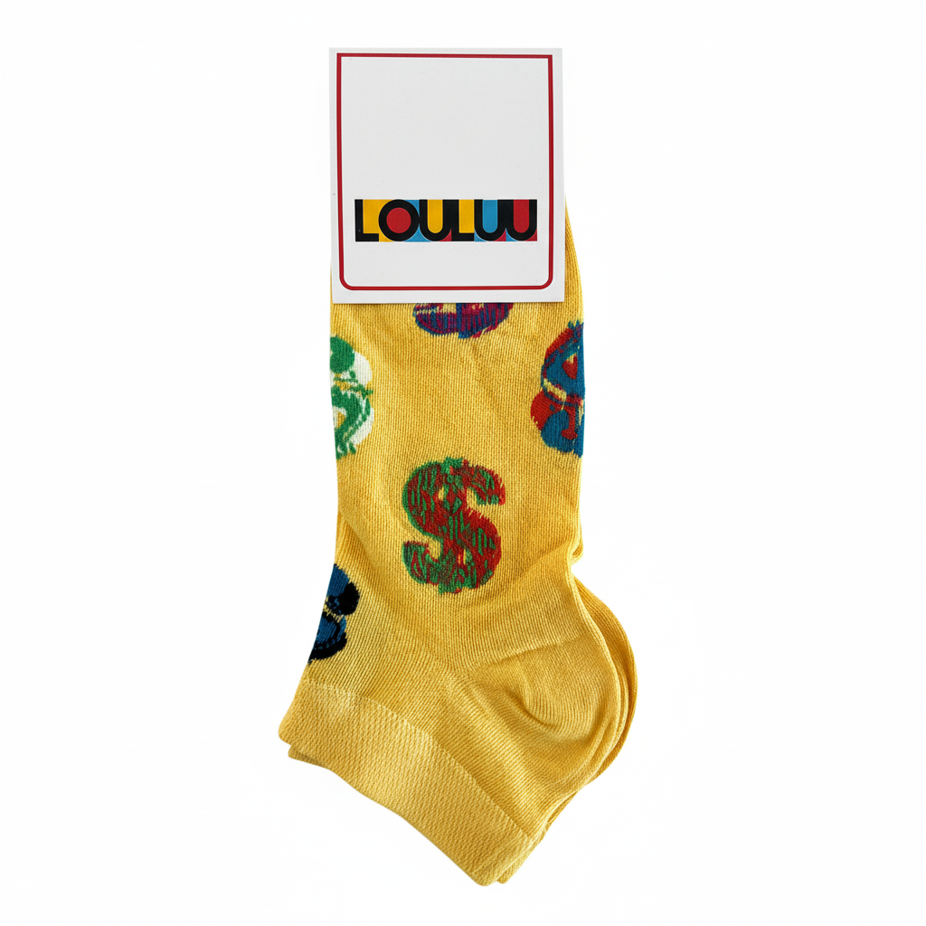 Yellow sock with dollar sign design and 'LOULUU' brand label on a white background